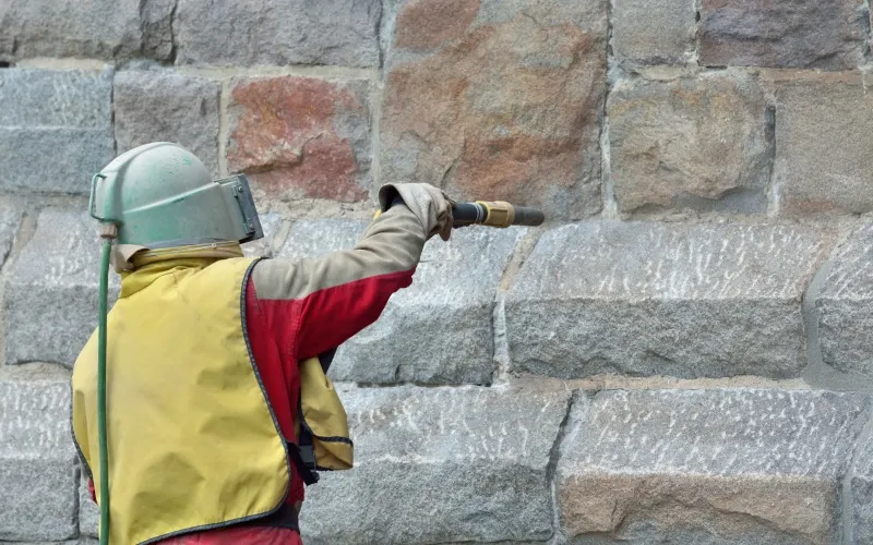 Sablage d’un mur en pierre par Milo facade en Haute-Garonne avec équipement de protection complet