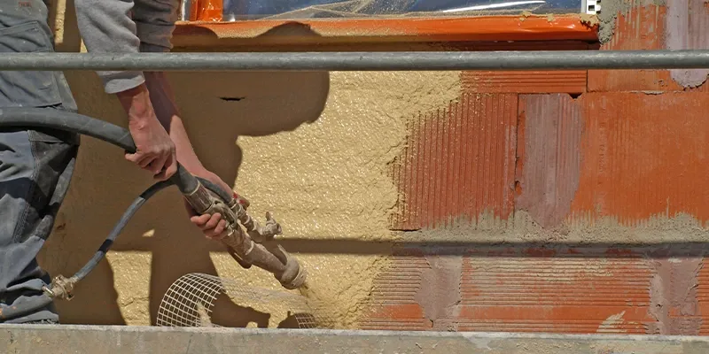 Ouvrier appliquant une mousse isolante sur mur en briques, chantier Milo facade en Haute-Garonne